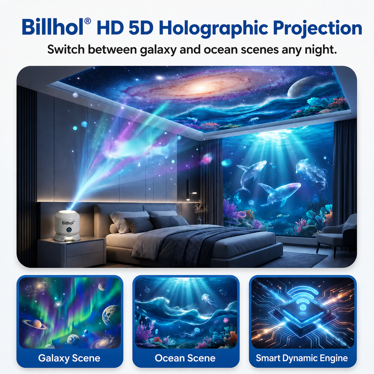 🔥Last day 70%off丨Billhol® Night Light Projector — Smart 5D Holographic Starry Sky & Ocean Projector 🌠🔴