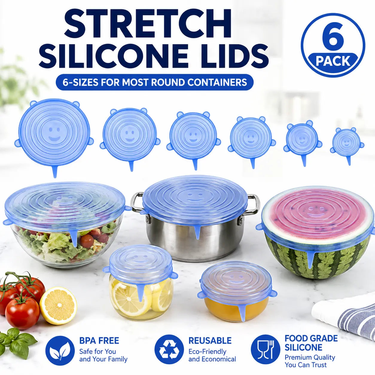 6 PCS Silicone Stretch Lids – Reusable Food Covers for Bowls, Pots, Cups & Fresh Food Storage🐏