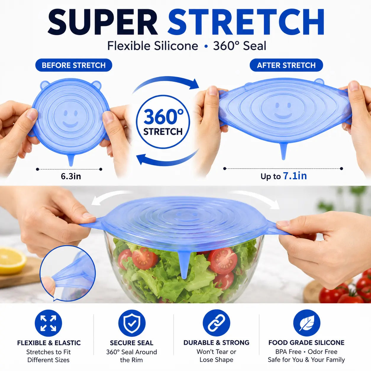 6 PCS Silicone Stretch Lids – Reusable Food Covers for Bowls, Pots, Cups & Fresh Food Storage🐏